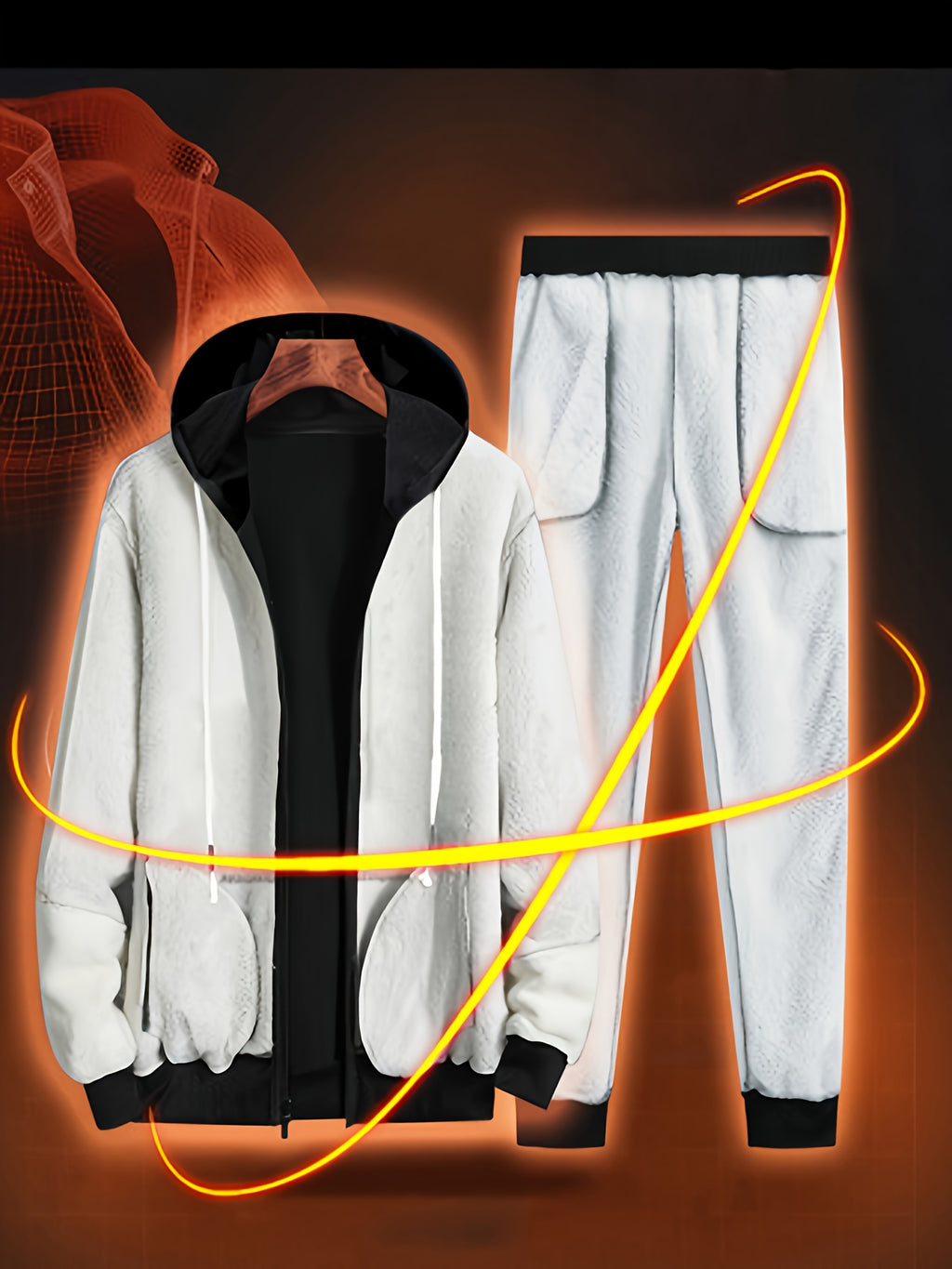 2pcs Men's Thermal Winter Jacket & Pants Set - Hooded Full-Zip Jacket with Matching Black/Yellow Track Pants, Bee Logo-like Patches (No Bees), Belted Waist & Pockets - Cold Weather Outfit for Skiing, Activities, Winter Suit M