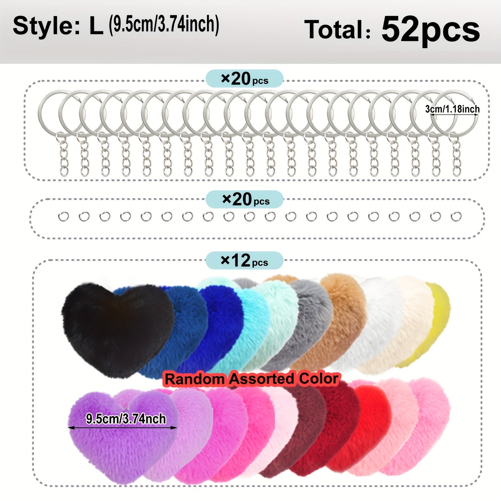 52pcs Heart-Shaped Faux Fur Pom Keychain Set, DIY Craft Kit with 12 Plush Balls, 20 Metal Rings & 20 Keychains, Ideal for Women'S Key Rings, Bag Charms, Valentine'S Day Gifts & Craft Projects