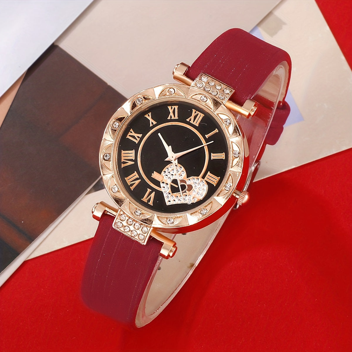 5pcs/set Women's Cute Heart Quartz Watch Elegant Rhinestone Analog Wrist Watch & Jewelry Set, Valentine's Day Gift For Her