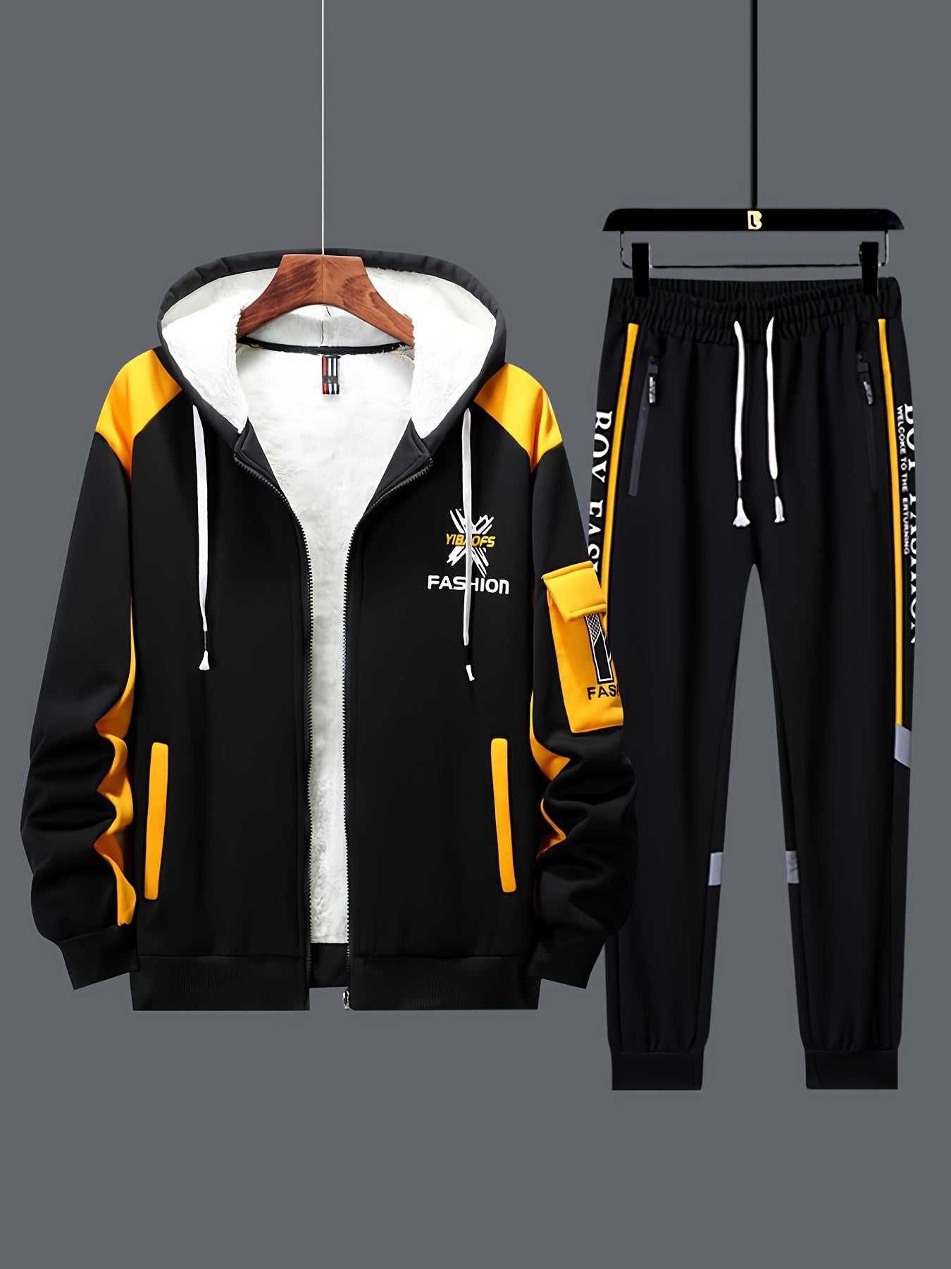 2pcs Men's Thermal Winter Jacket & Pants Set - Hooded Full-Zip Jacket with Matching Black/Yellow Track Pants, Bee Logo-like Patches (No Bees), Belted Waist & Pockets - Cold Weather Outfit for Skiing, Activities, Winter Suit M