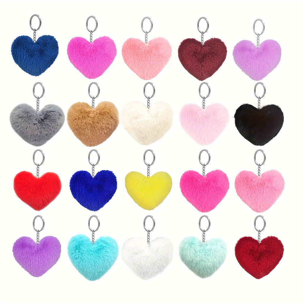 52pcs Heart-Shaped Faux Fur Pom Keychain Set, DIY Craft Kit with 12 Plush Balls, 20 Metal Rings & 20 Keychains, Ideal for Women'S Key Rings, Bag Charms, Valentine'S Day Gifts & Craft Projects