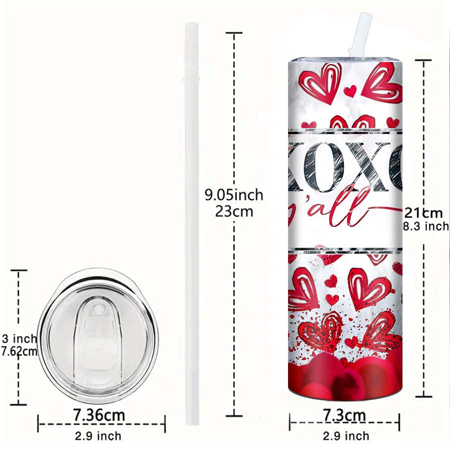 Vaso Térmico de Acero Inoxidable 20oz con Tapa y Popote | Diseño XOXO de Corazones Rojos – Regalo Ideal para San Valentín y Fechas Especiales