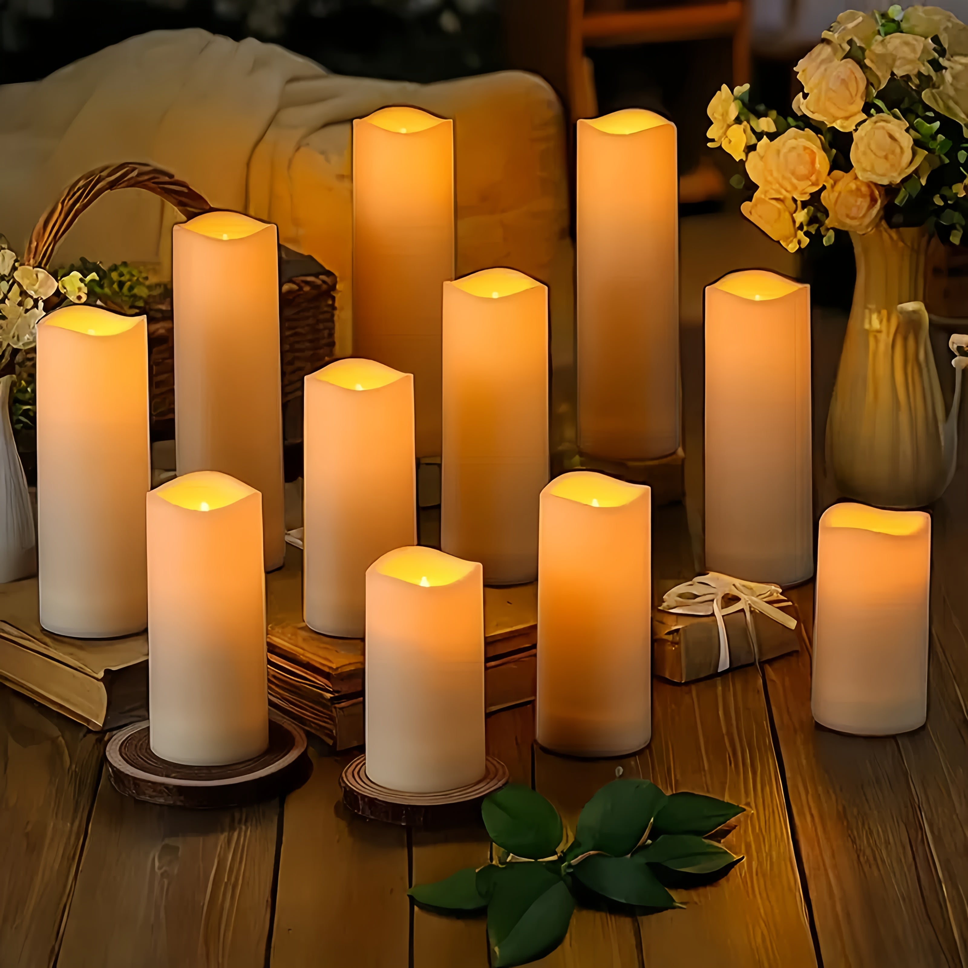 9pcs/12pcs flameless candles, battery operated candles, pillar candles, LED candles, decorative lanterns, white candles, christmas decoration, new year decoration, bye 2024, helo2025, valentine's day decoration, easter decora