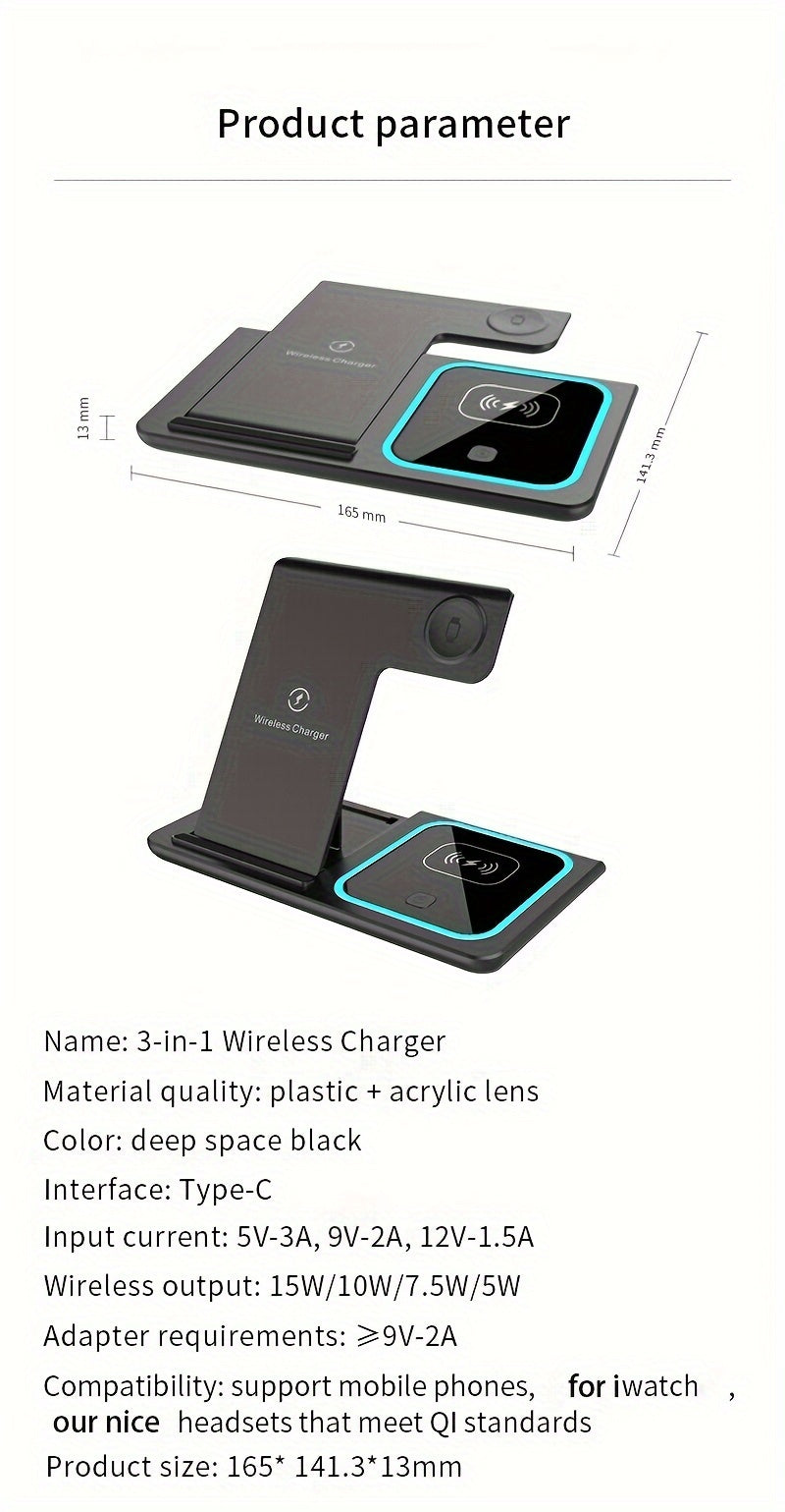 Estación de Carga Inalámbrica 3 en 1 Plegable - Cargador Rápido para iPhone, Apple Watch y AirPods