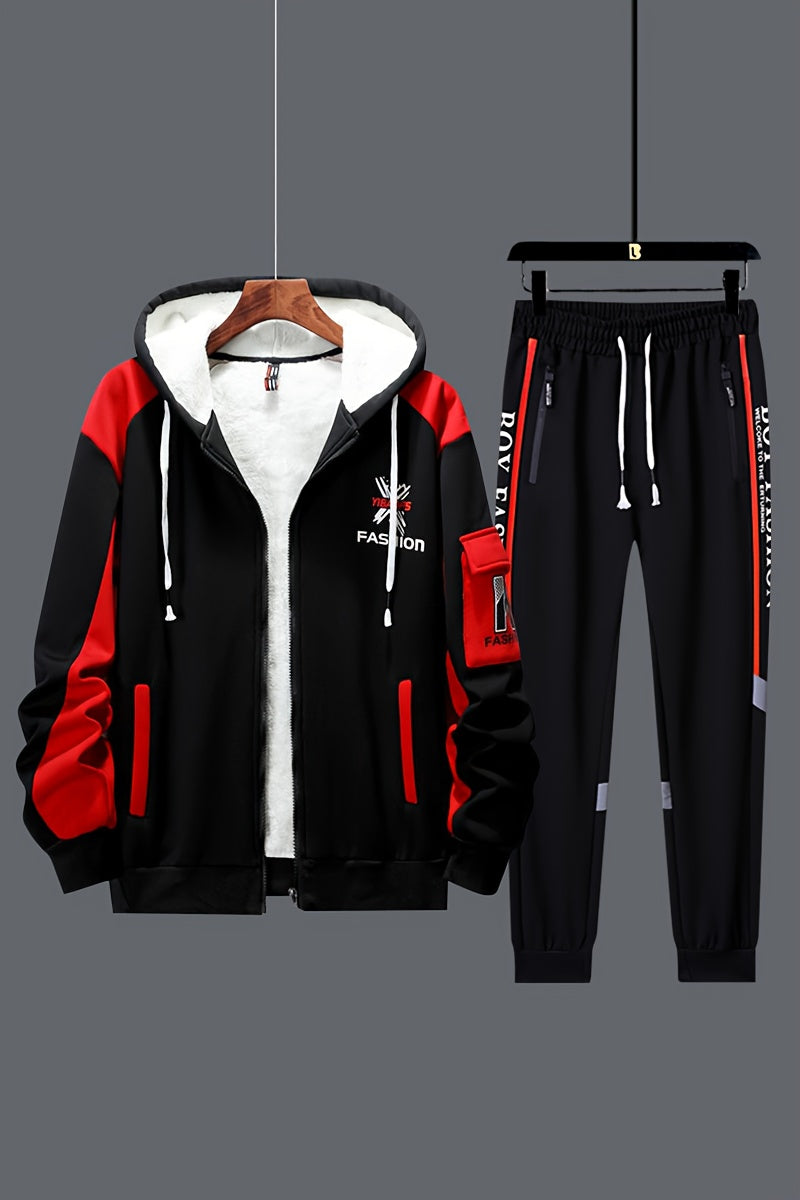 2pcs Men's Thermal Winter Jacket & Pants Set - Hooded Full-Zip Jacket with Matching Black/Yellow Track Pants, Bee Logo-like Patches (No Bees), Belted Waist & Pockets - Cold Weather Outfit for Skiing, Activities, Winter Suit M