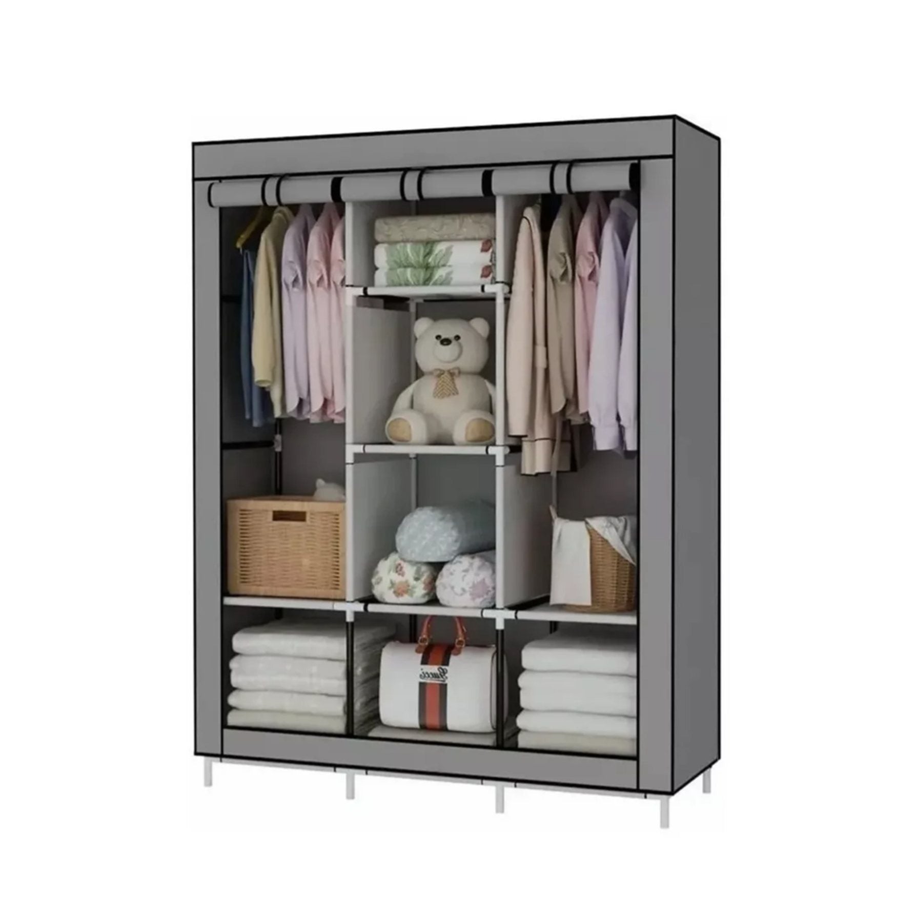Closet Armable Organizador de Habitación - Perchero Portátil con Compartimentos y Barra Colgante