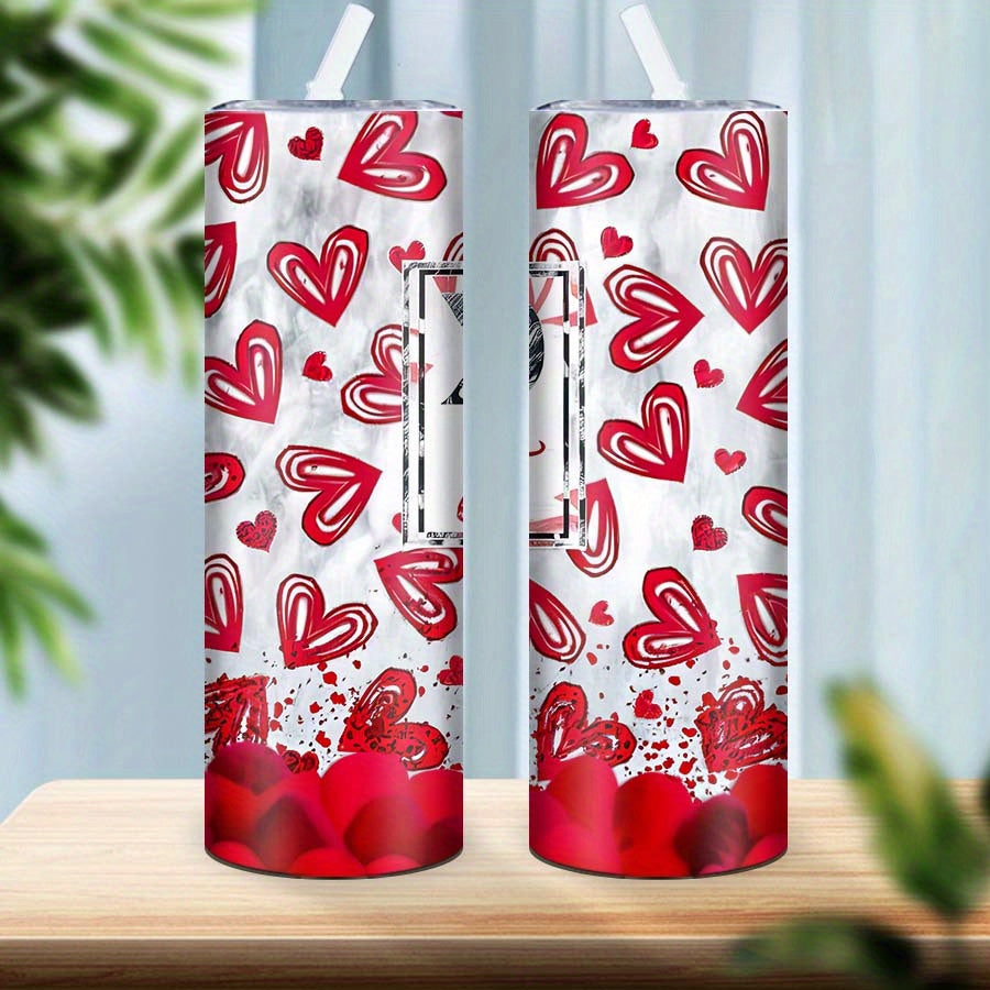 Vaso Térmico de Acero Inoxidable 20oz con Tapa y Popote | Diseño XOXO de Corazones Rojos – Regalo Ideal para San Valentín y Fechas Especiales