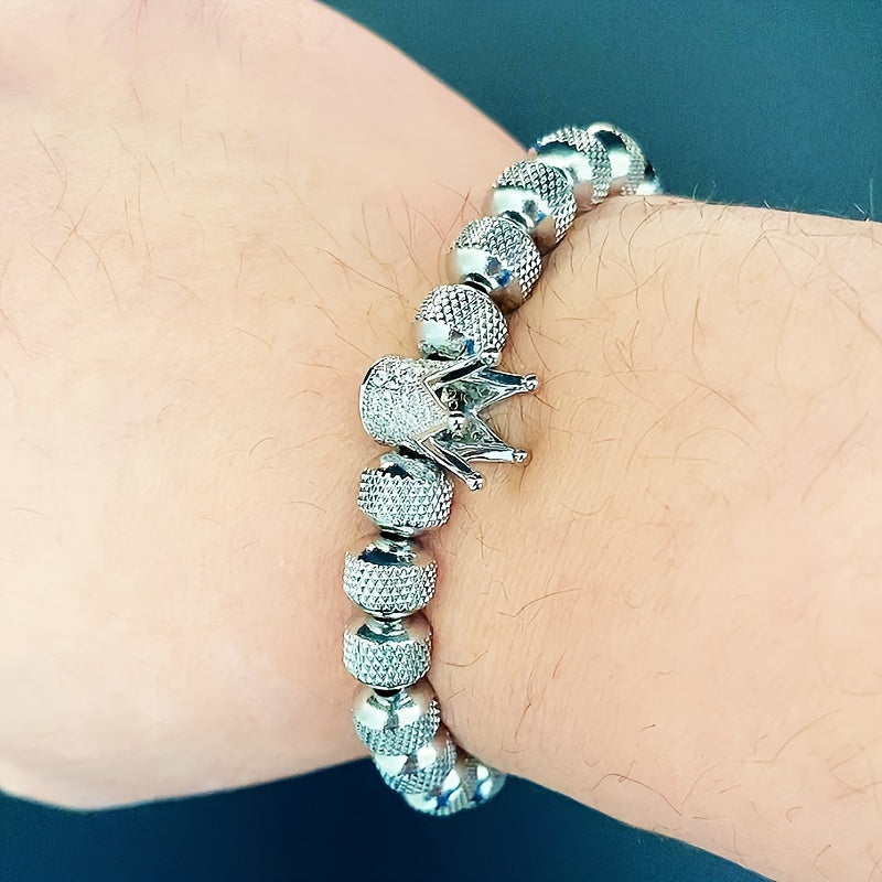 1pc CZ Golden Crown Charms Stainless Steel Beads Man Bracelet Jewelry, Valentine's Day Gift, Father's Day Gift