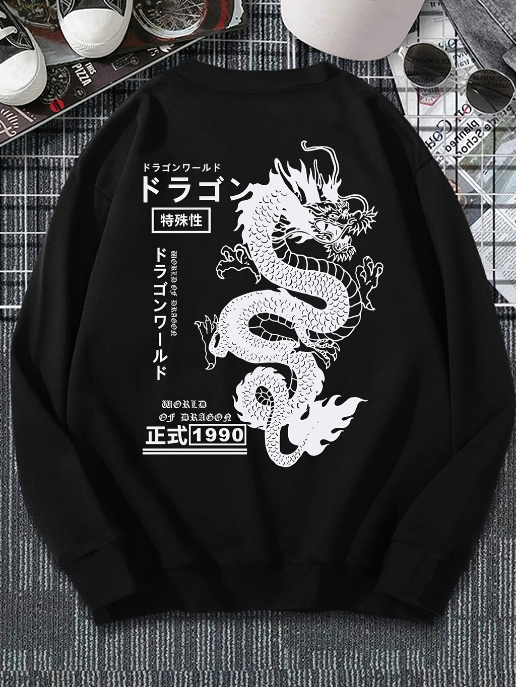 Men's Casual Japanese Characters & Chinese Dragon Print Crew Neck Sweatshirt