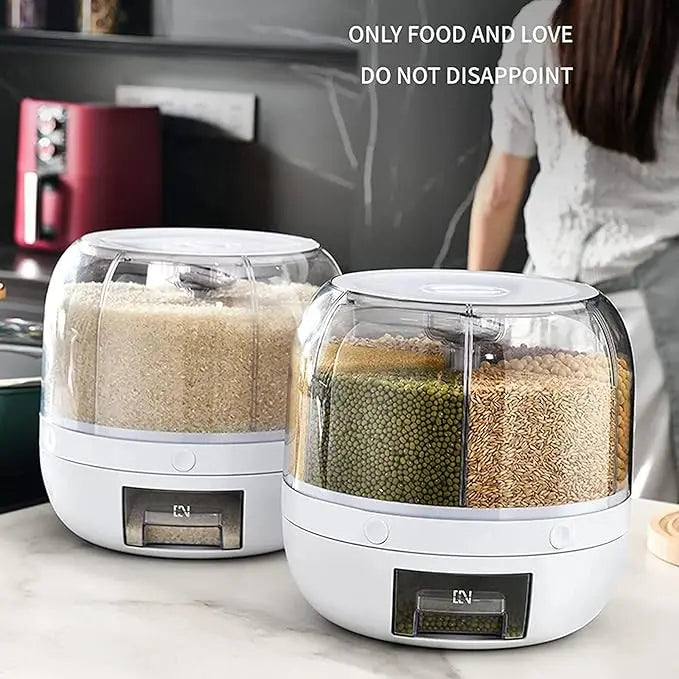 360 °   Dispensador de granos giratorio de 6 rejillas, contenedor de almacenamiento con salida de un solo toque para sellado de granos de arroz y organizador a prueba de humedad