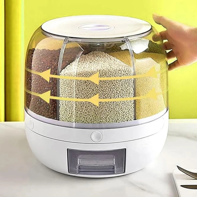360 °   Dispensador de granos giratorio de 6 rejillas, contenedor de almacenamiento con salida de un solo toque para sellado de granos de arroz y organizador a prueba de humedad