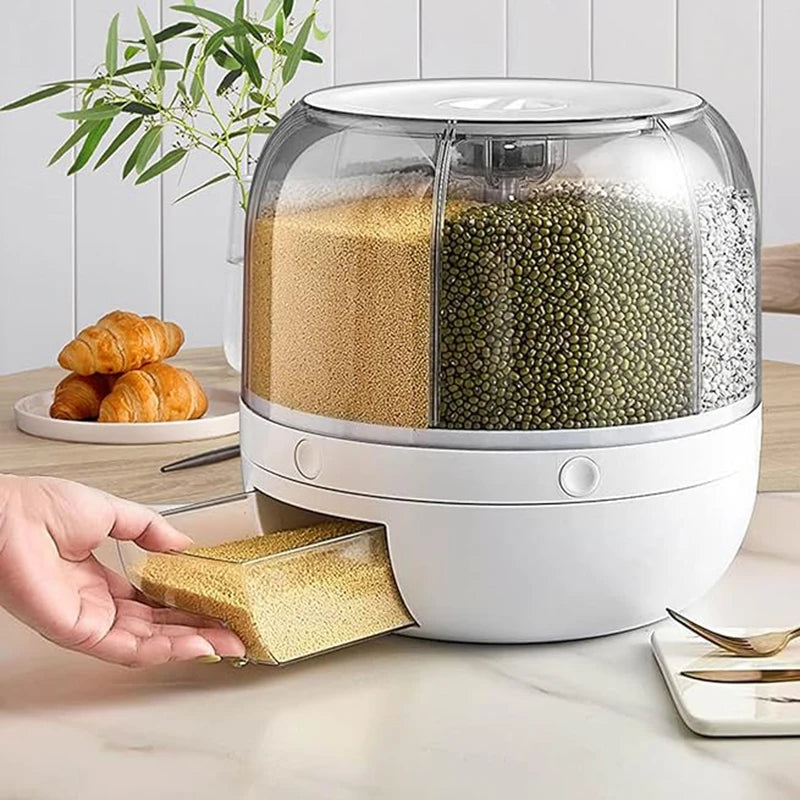 360 °   Dispensador de granos giratorio de 6 rejillas, contenedor de almacenamiento con salida de un solo toque para sellado de granos de arroz y organizador a prueba de humedad