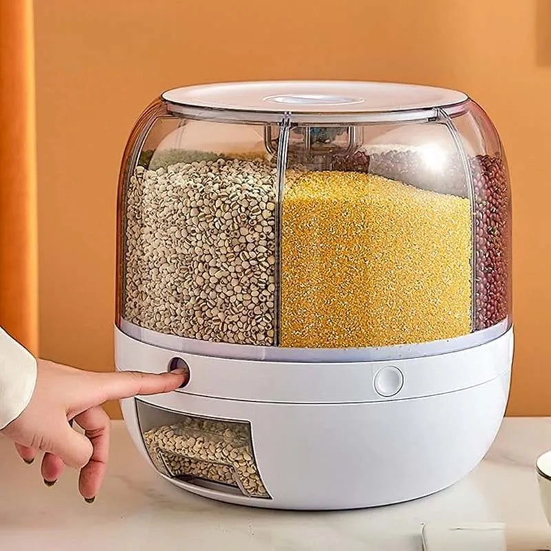 360 °   Dispensador de granos giratorio de 6 rejillas, contenedor de almacenamiento con salida de un solo toque para sellado de granos de arroz y organizador a prueba de humedad