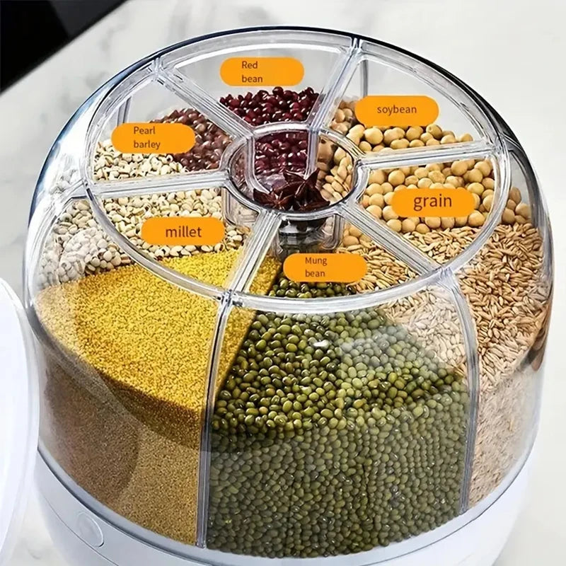 360 °   Dispensador de granos giratorio de 6 rejillas, contenedor de almacenamiento con salida de un solo toque para sellado de granos de arroz y organizador a prueba de humedad