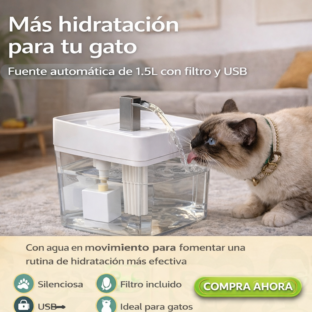Fuente Automática para Gatos 1.5L – Agua en Movimiento, Silenciosa con Filtro y USB