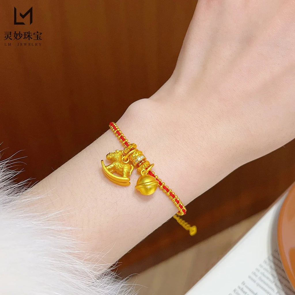 ✨ Pulsera Jiggly Horse Bell en Oro 24K AU999 para Mujer Campana Dorada de Alto Pulido | Brillo Elegante para Uso Diario