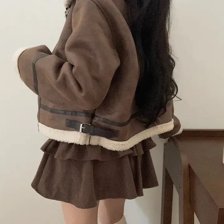 Chaqueta de Motocicta de Gamuza Retro Chic para Mujer, Estilo Casual y Moderno, Top de Manga Larga de Aodón para Mujeres...