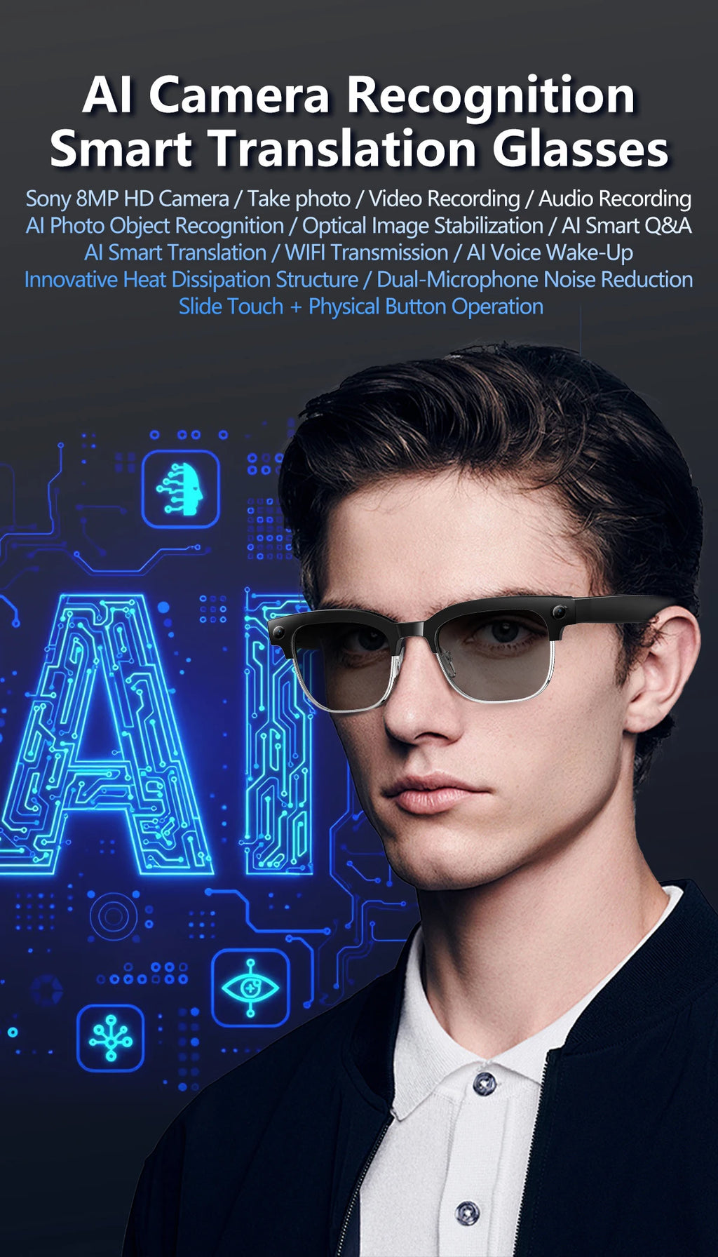 Gafas Inteligentes AI con Cámara 8MP - Grabación Video, Traducción y Bluetooth IP66