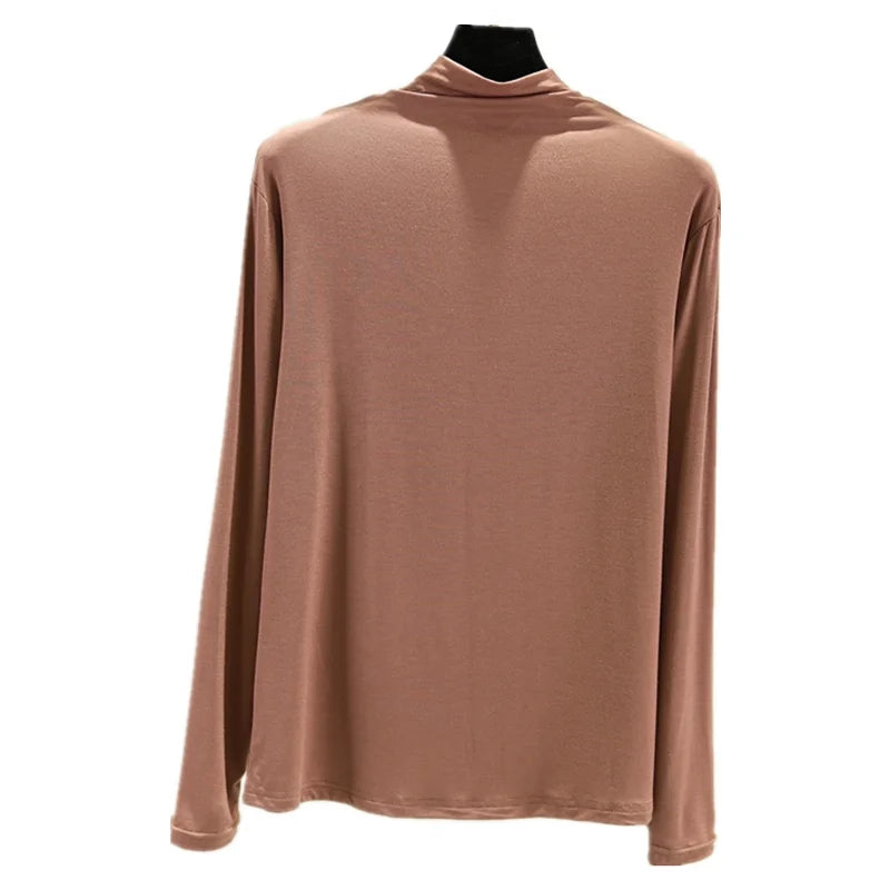 Cseta Básica de Manga Larga para Mujer, Cuello Medio Alto, Corte Ajustado, Estilo Versátil para Primavera y Otoño, Talla G...