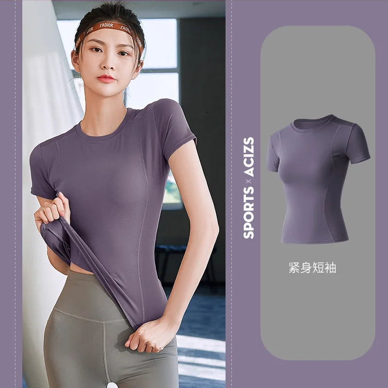 Camiseta deportiva para mujer, camisa de manga corta con cuello en V, Color sólido, absorbe la humedad, Top deportivo