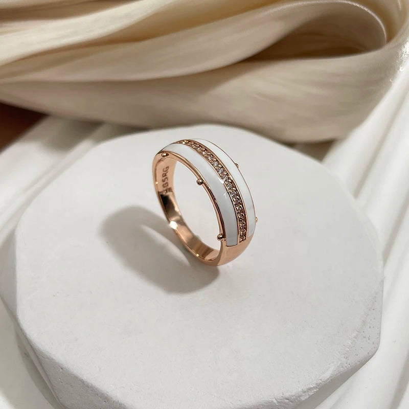 💍 Anillo SYOUJYO de Oro Rosa 585 con Circón Natural Esmalte Blanco, Pavé Completo y Brillo Elegante | Joyería Fina para Uso Diario