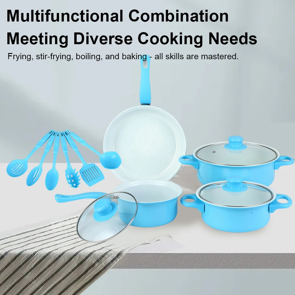 Juego de Utensilios de Cocina Antiadherentes de 12 Piezas, Olla con Tapa, Olla para Leche, Sartén Profunda de Piedra Maifan, Juego de Ollas para Todo Tipo de Cocina