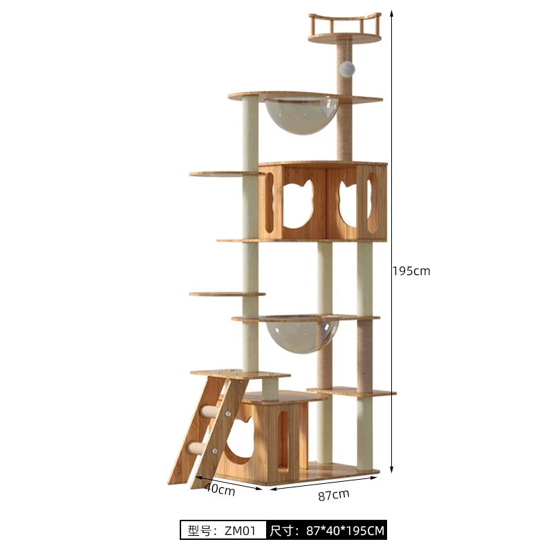 Árbol rascador para gatos, estructura grande de madera integrada con casa y columna rascadora, no ocupa mucho espacio.