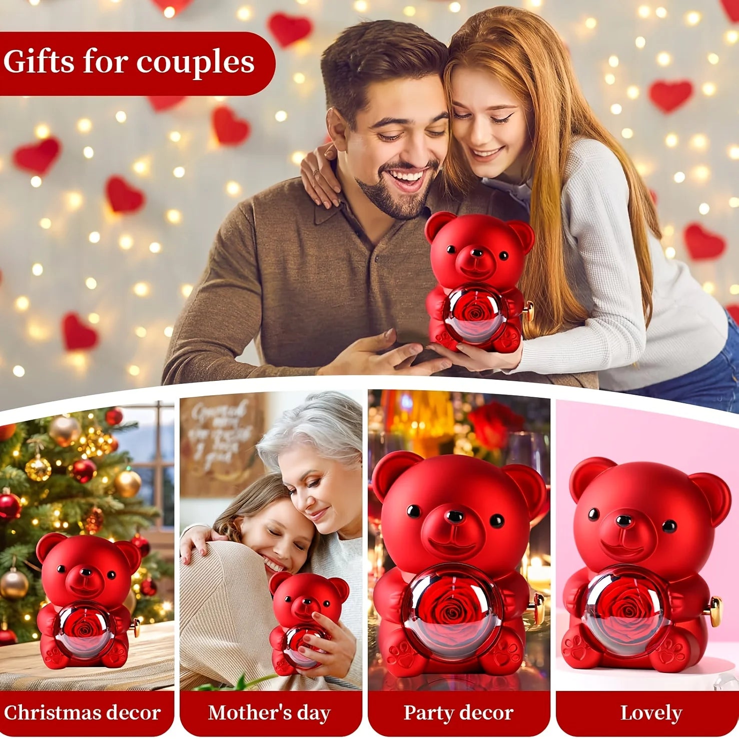 Caja de Regalo con Oso de Peluche y Rosas |   Joyero con Espacio Oculto para Anillo o Pendientes, Incluye Rosa Artificial, Regalo de San Valentín