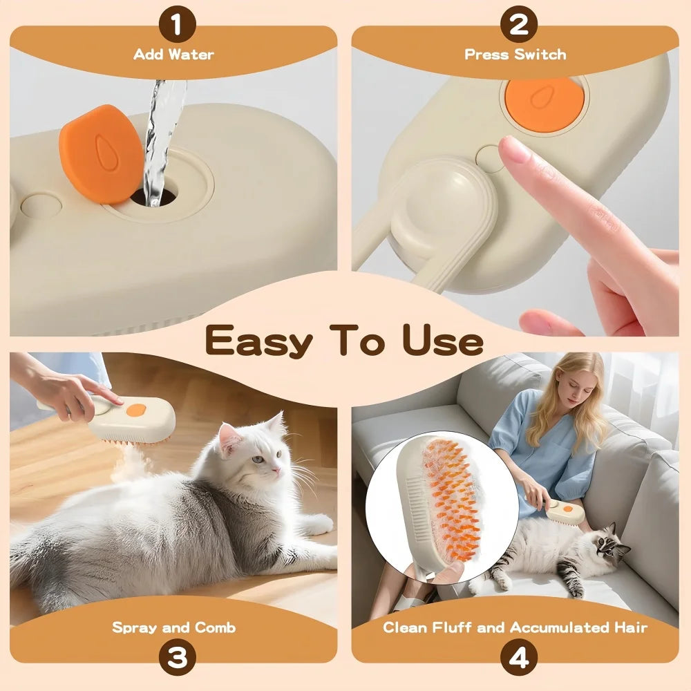 Cepillo de Vapor 3 en 1 para Gatos | Elimina Pelo Suelto, Masaje Relajante y Spray Vaporizador – Recargable USB