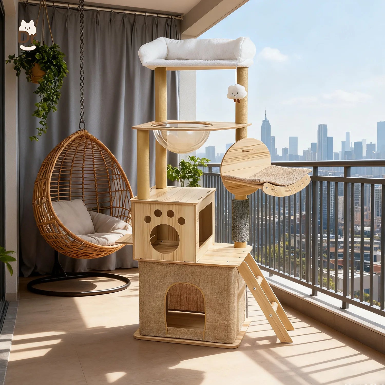 Árbol rascador para gatos, estructura grande de madera integrada con casa y columna rascadora, no ocupa mucho espacio.