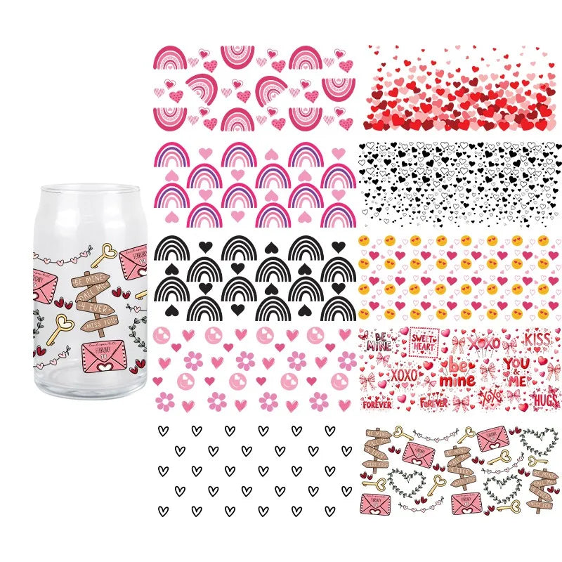 Diseño del Día de San Valentín UV DTF pegatina de transferencia 3D envuelve taza duradera impermeable amor para 16 OZ Libbey taza de vidrio calcomanías