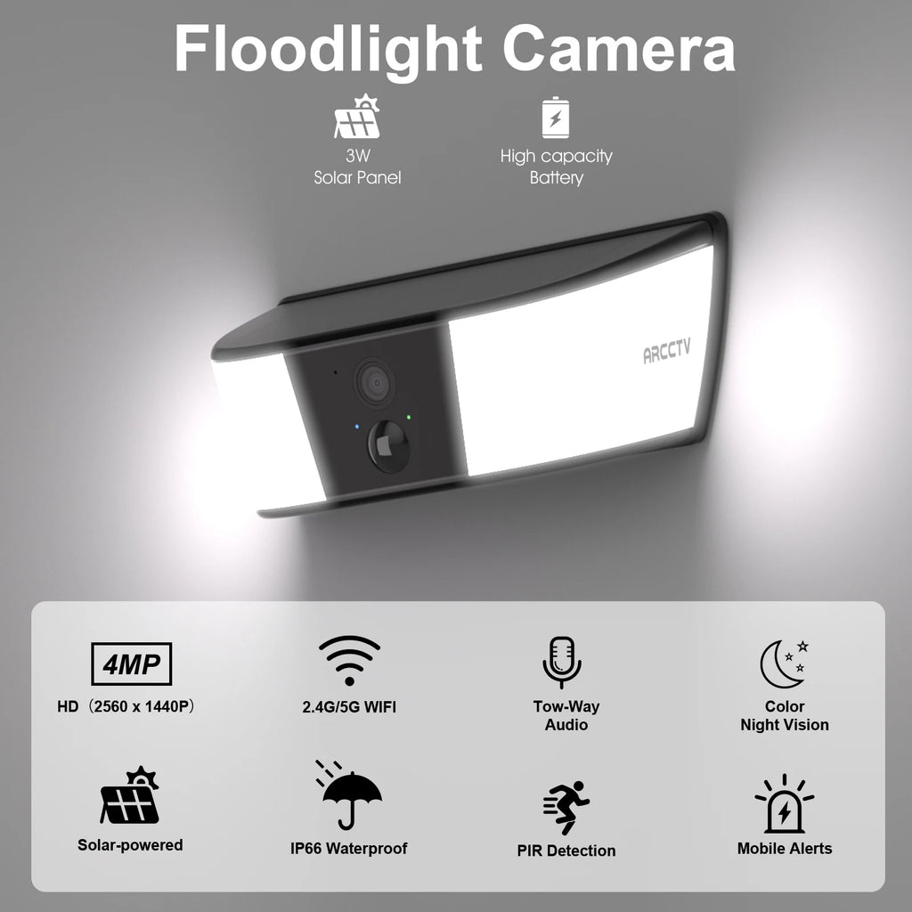Cámara Solar de Seguridad ARCCTV 2K WiFi - Exterior con Reflector, Detección Humana y Audio Bidireccional