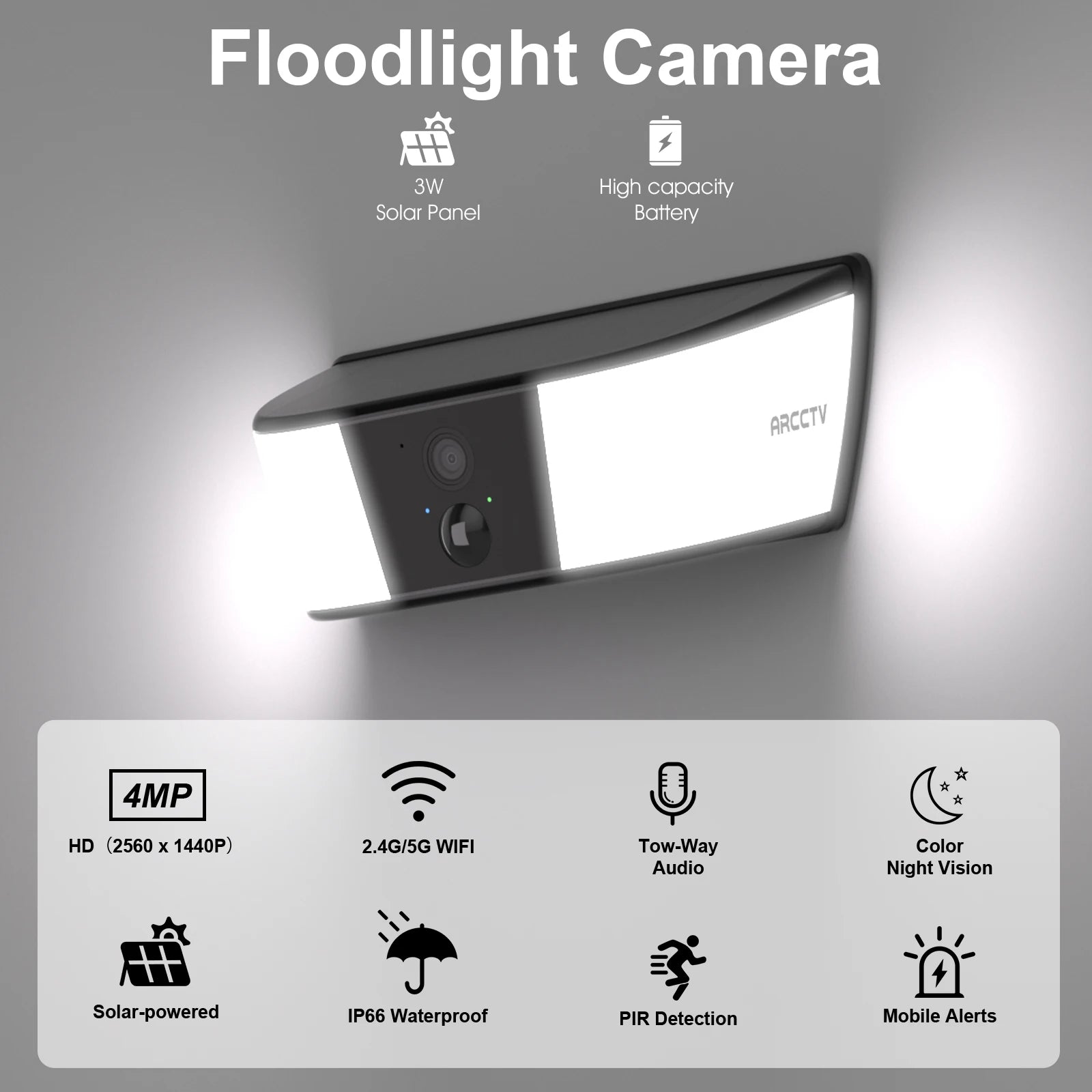 Cámara Solar de Seguridad ARCCTV 2K WiFi - Exterior con Reflector, Detección Humana y Audio Bidireccional