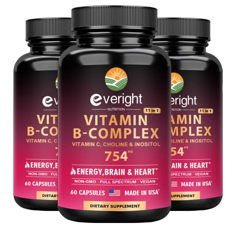 Complejo de Vitamina B XMSJ | Energía Diaria, Apoyo Cerebral y Cardiovascular con Vitamina C, Colina e Inositol