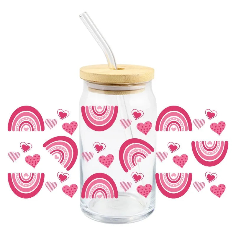 Diseño del Día de San Valentín UV DTF pegatina de transferencia 3D envuelve taza duradera impermeable amor para 16 OZ Libbey taza de vidrio calcomanías
