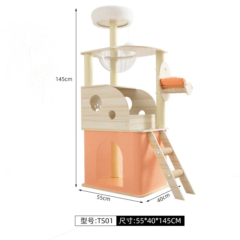 Árbol rascador para gatos, estructura grande de madera integrada con casa y columna rascadora, no ocupa mucho espacio.