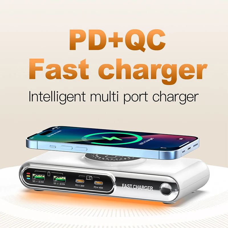 Cargador Inalámbrico Multifunción 72W | 4 Puertos USB-C PD + USB QC – Carga Rápida para Casa, Oficina y Viaje