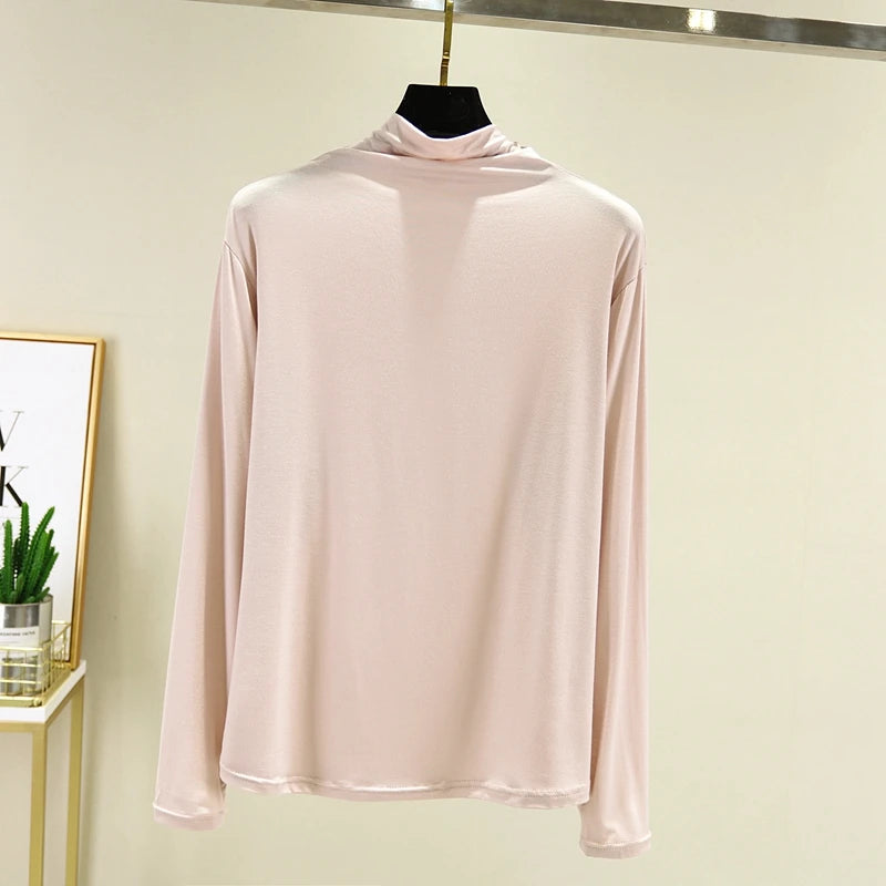 Cseta Básica de Manga Larga para Mujer, Cuello Medio Alto, Corte Ajustado, Estilo Versátil para Primavera y Otoño, Talla G...