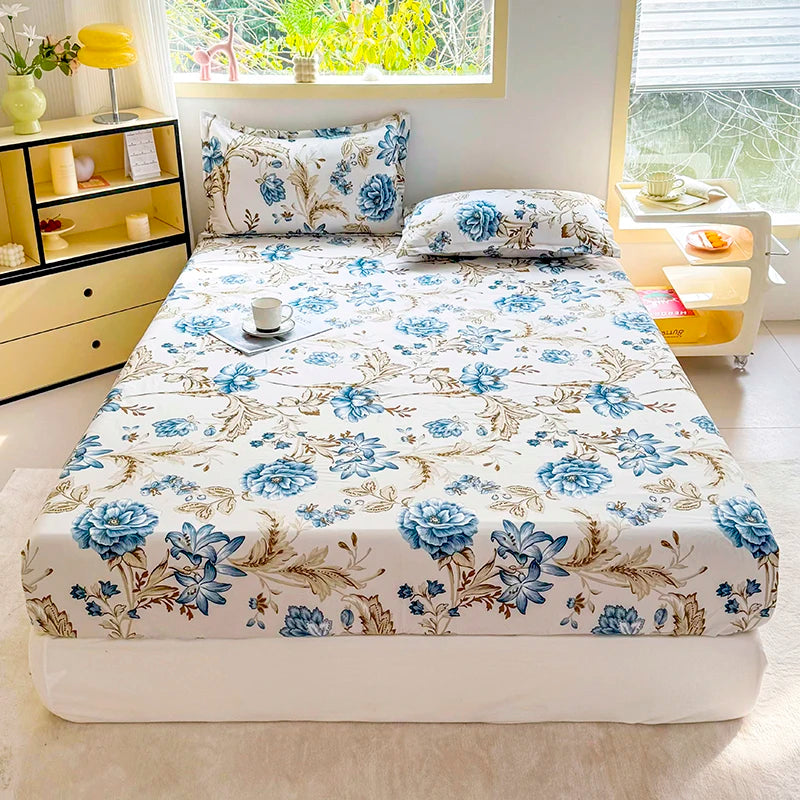 Sábana de estilo Floral con funda de almohada, funda de cama suave, sábana bajera individual/doble/Queen/King/SKing, ropa de cama sabana