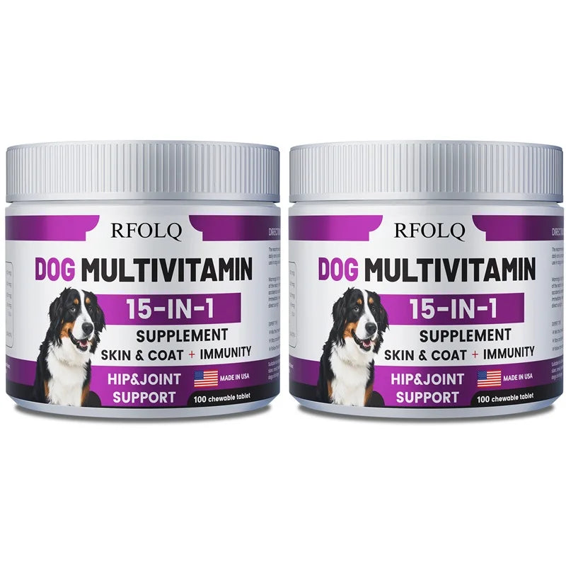Multivitamina 15 en 1 para Perros – Soporte para Articulaciones, Piel, Digestión e Inmunidad (100 Tabletas Masticables)