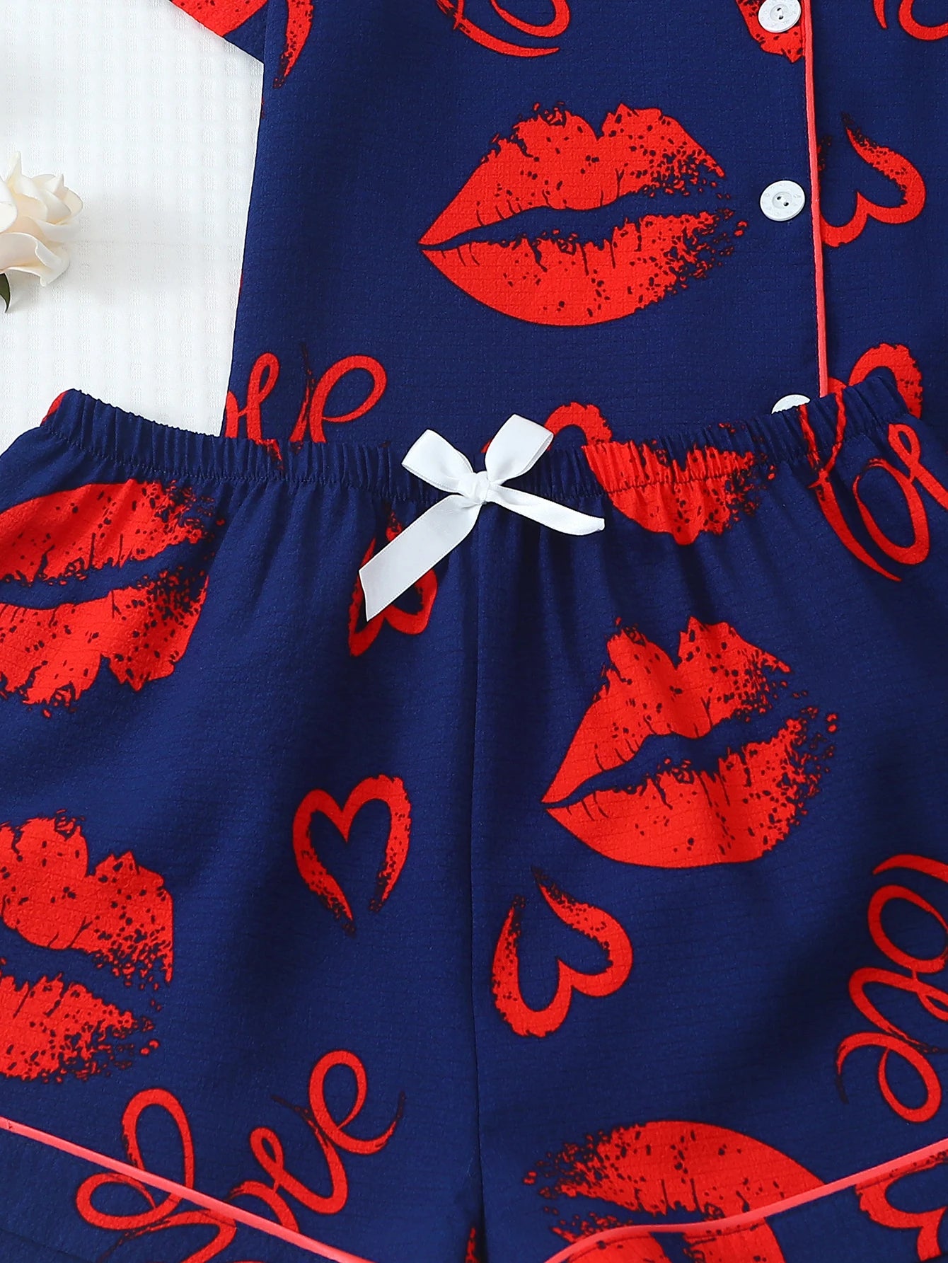 [San Valentín] Conjunto de pijama de 2 piezas con estampado de labios, pantalones cortos de manga corta, pijamas de mujer, conjunto de ropa de descanso adecuado para uso doméstico
