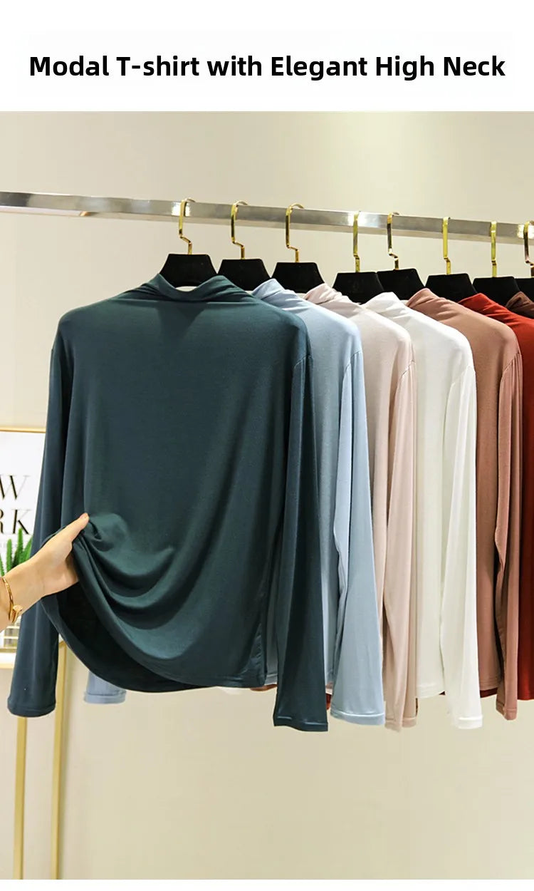 Cseta Básica de Manga Larga para Mujer, Cuello Medio Alto, Corte Ajustado, Estilo Versátil para Primavera y Otoño, Talla G...