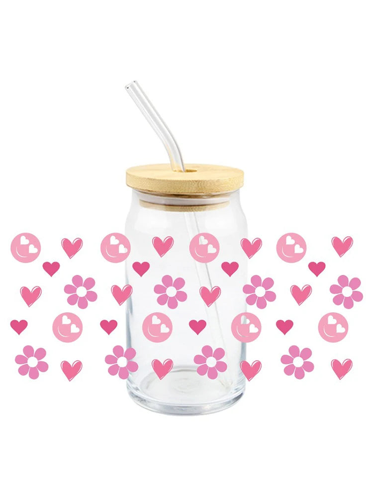 Diseño del Día de San Valentín UV DTF pegatina de transferencia 3D envuelve taza duradera impermeable amor para 16 OZ Libbey taza de vidrio calcomanías