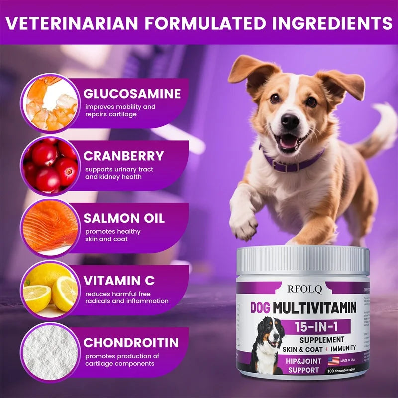 Multivitamina 15 en 1 para Perros – Soporte para Articulaciones, Piel, Digestión e Inmunidad (100 Tabletas Masticables)