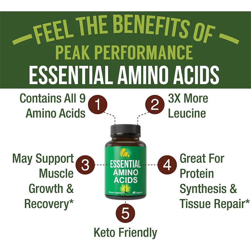 9 suplementos esenciales de aminoácidos. Cápsulas que continen tres veces la cantidad de leucina.