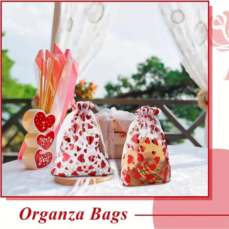 Bolsas de Organza para el Día de San Valentín, Bolsa de Organza con Cordón de Corazón, Bolsa de Regalo para Dulces, Joyas, Boda, Fiesta, Embalaje de Regalos