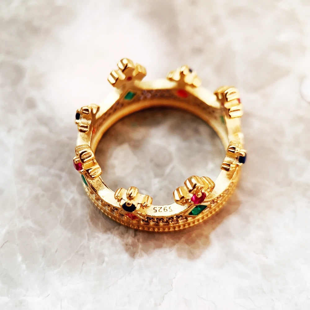 Anillo de Plata de Ley 925 para mujer, joya fina de estilo europeo de oro con corona de Reina, joya de diseño majestuoso