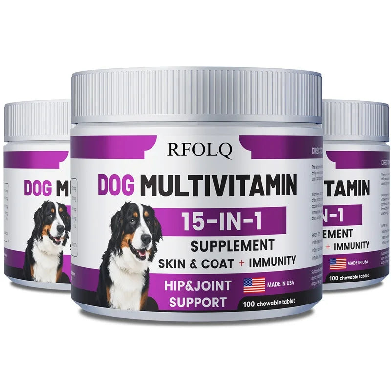 Multivitamina 15 en 1 para Perros – Soporte para Articulaciones, Piel, Digestión e Inmunidad (100 Tabletas Masticables)