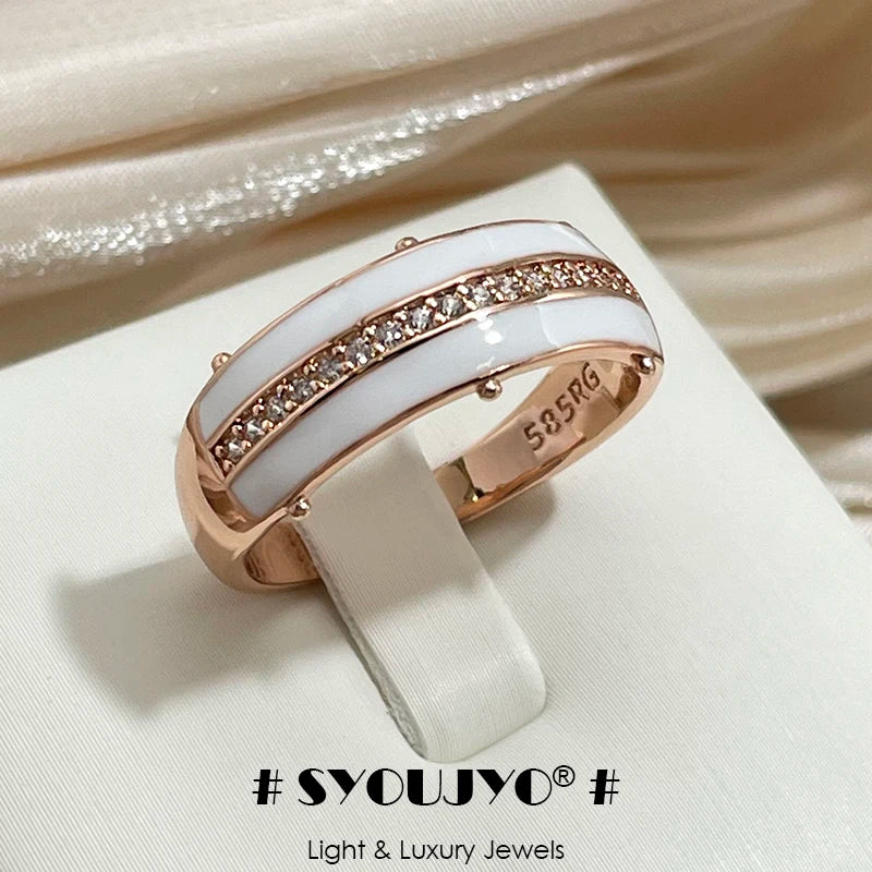 💍 Anillo SYOUJYO de Oro Rosa 585 con Circón Natural Esmalte Blanco, Pavé Completo y Brillo Elegante | Joyería Fina para Uso Diario