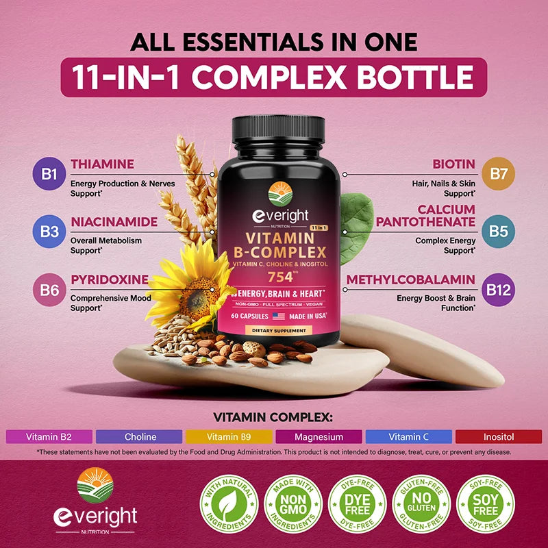 Complejo de Vitamina B XMSJ | Energía Diaria, Apoyo Cerebral y Cardiovascular con Vitamina C, Colina e Inositol